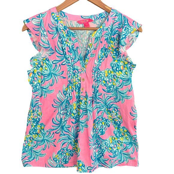 Lilly Pulitzer Golda Top S Pelican Pink NWOT Blouse Tee Pineapple Blue Prep - Picture 1 of 5